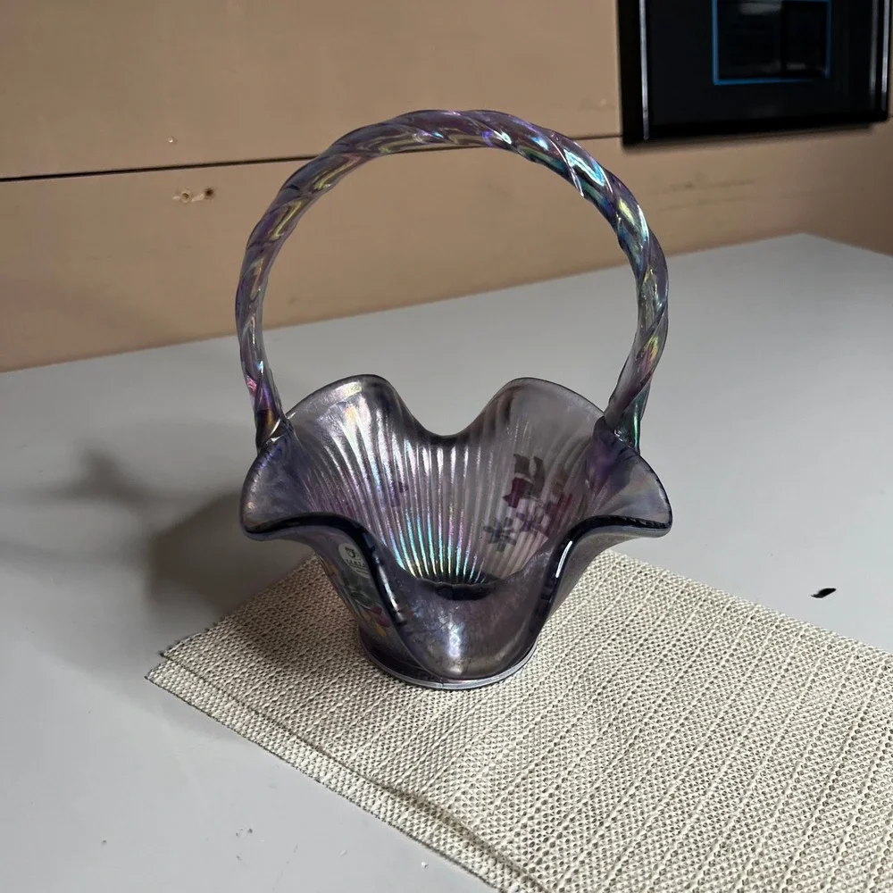 Fenton Purple Carnival‎ Glass Basket Hand Painted Floral Signed D Robinson 8
